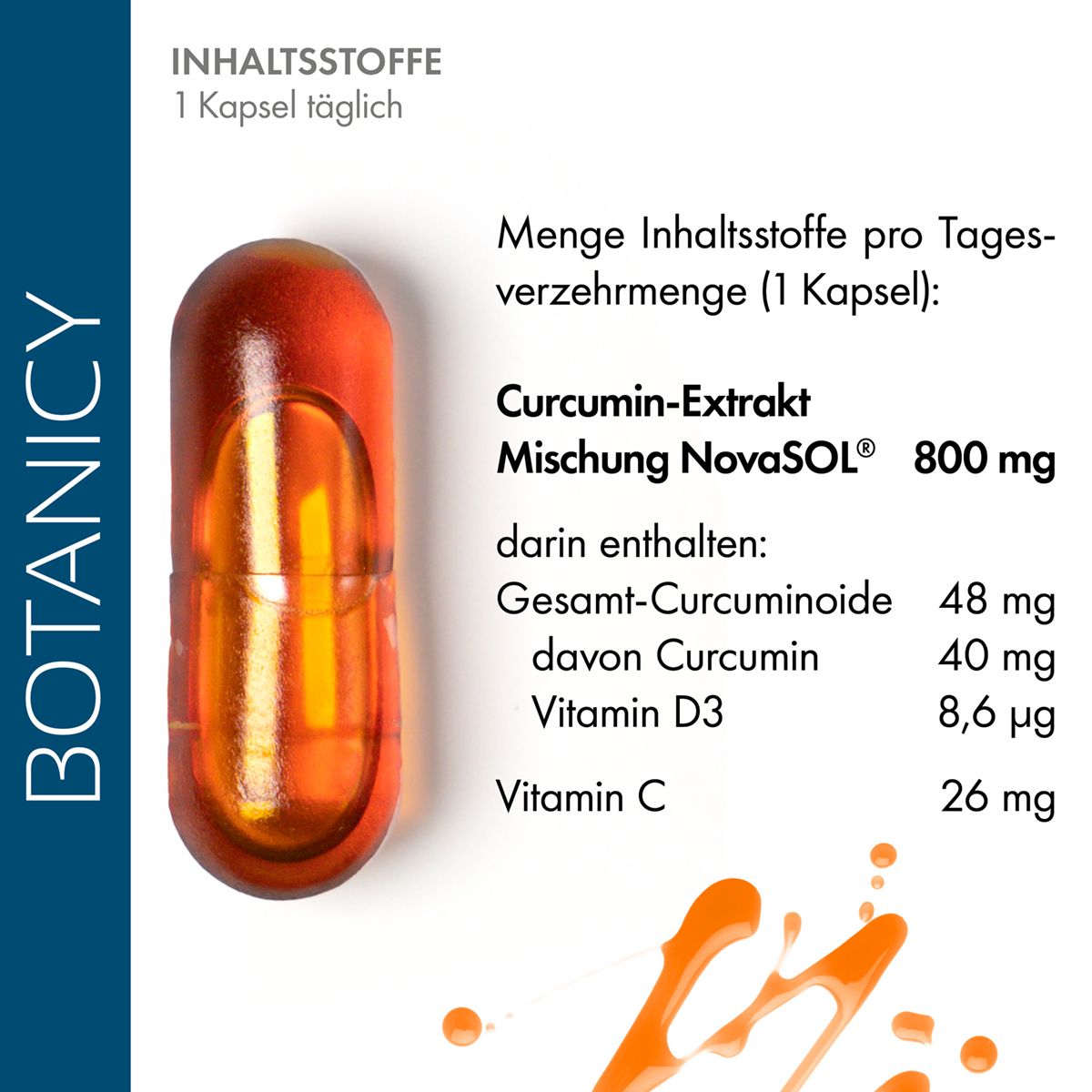 Nahaufnahme einer Kapsel. Zeigt Inhaltsstoffe pro Tagesdosis: Curcumin-Extrakt, Vitamin D3, C.