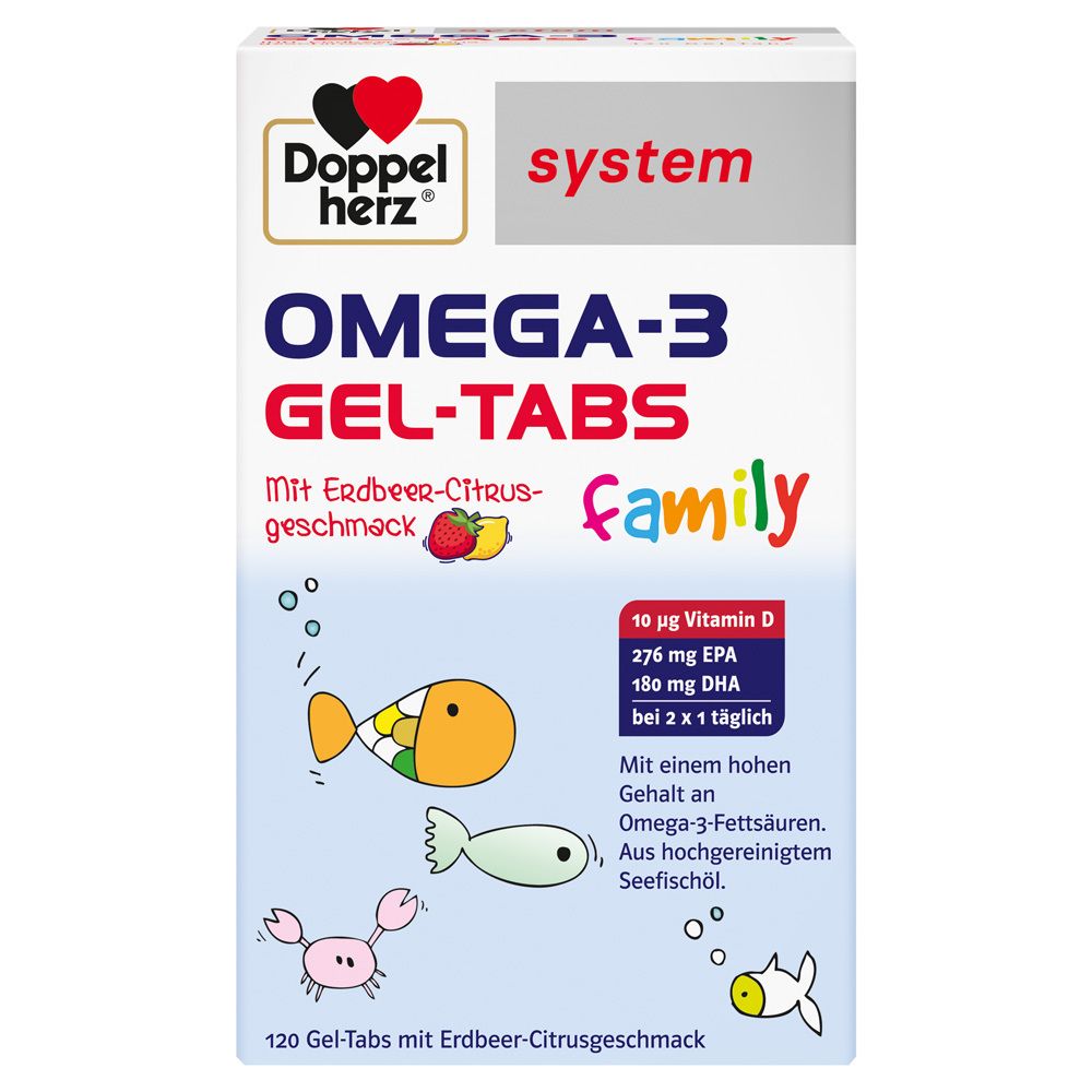 Doppelherz system OMEGA-3 GEL-TABS Family. Packung mit 120 Gel-Tabs mit Erdbeer-Zitrus-Geschmack. Enthält Vitamin D.