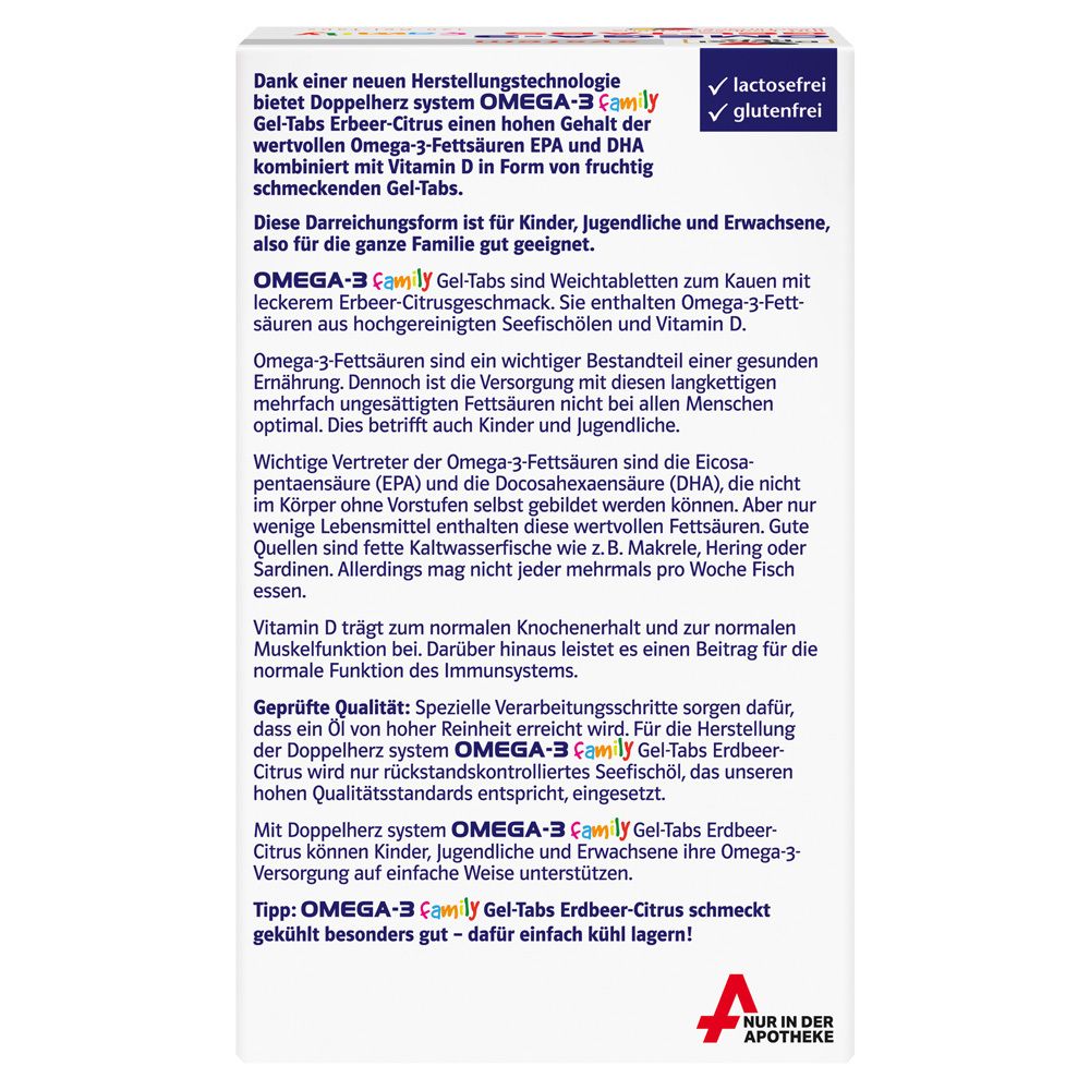 Rückseite der Doppelherz system OMEGA-3 GEL-TABS Family Packung. Text über Inhaltsstoffe, Anwendung und Qualität.