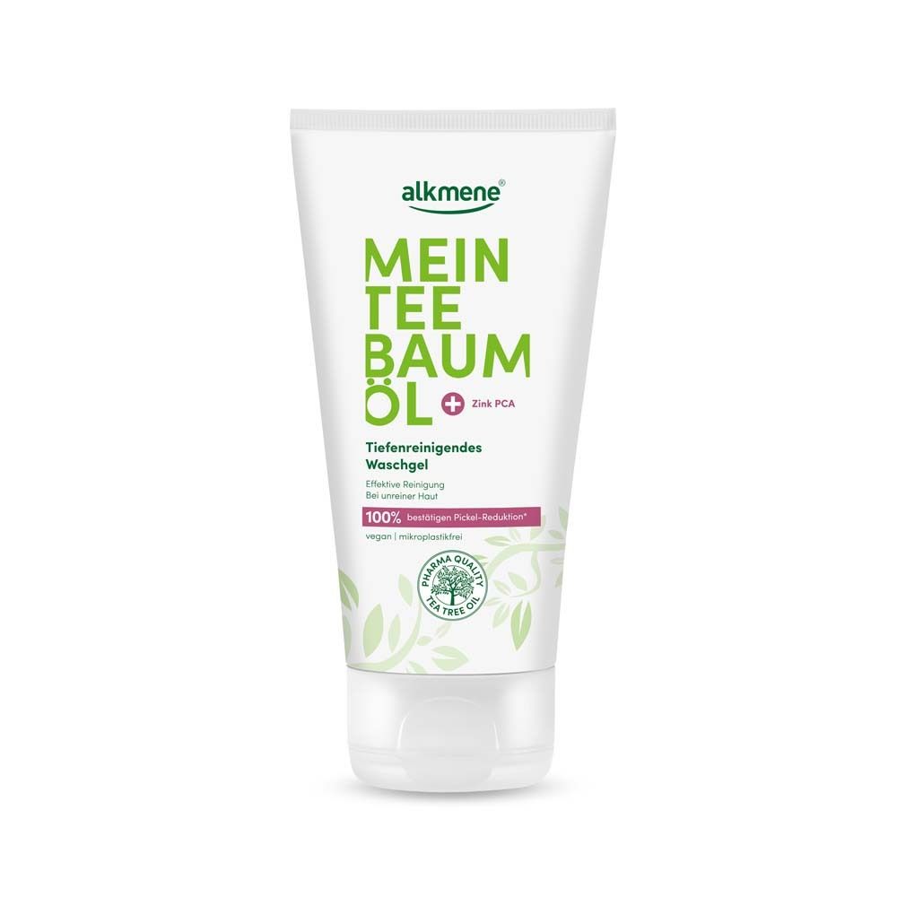 Weißes Waschgel-Tube mit grünem Aufdruck. Text: Mein Teebaumöl, Tiefenreinigendes Waschgel. Pharma-Qualität.