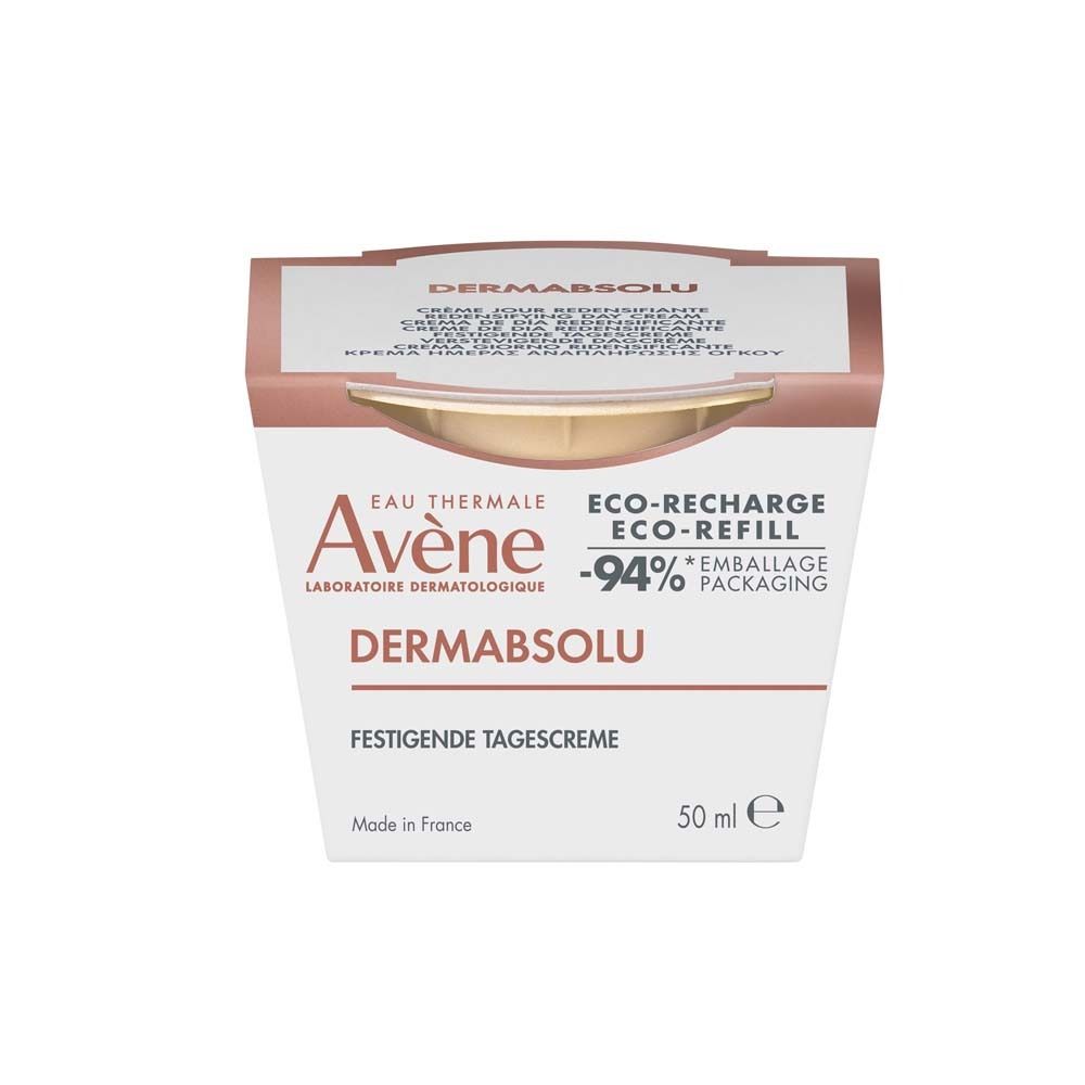 Avène DermAbsolu Tagescreme und Nachfüllpack. Cremetiegel und Nachfüllpackung. Goldfarben. 50 ml.
