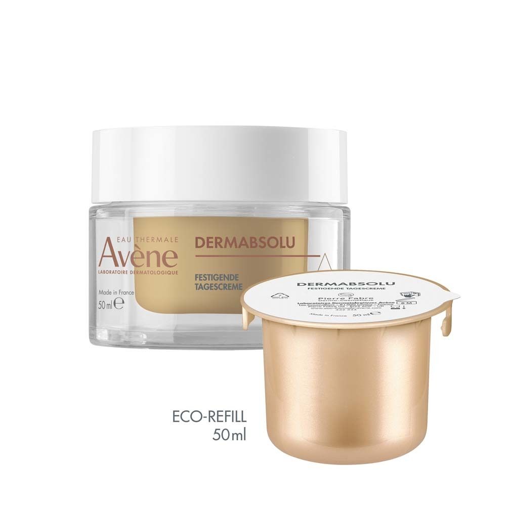 Avène DermAbsolu Tagescreme. Cremetiegel. Text und Produktnamen. Für empfindliche Haut.