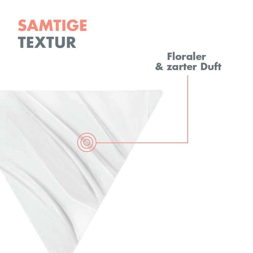 Weißes Produkt mit cremiger Textur. Floral-zarter Duft. Nahaufnahme.