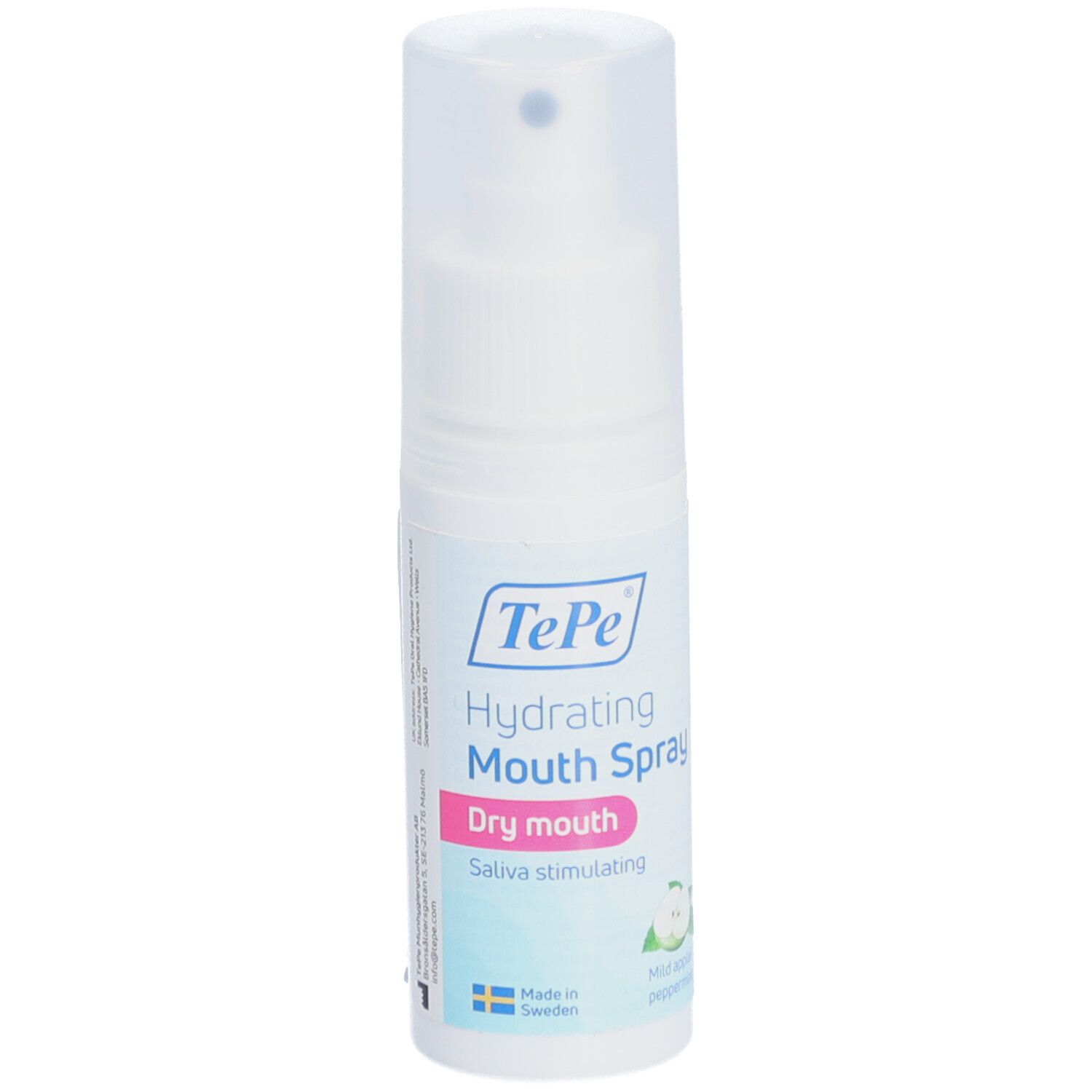 Weißer Mundspray mit blau-rosa Etikett. "TePe" und "Hydrating Mouth Spray" sind sichtbar. Apfel-Minze-Symbol.
