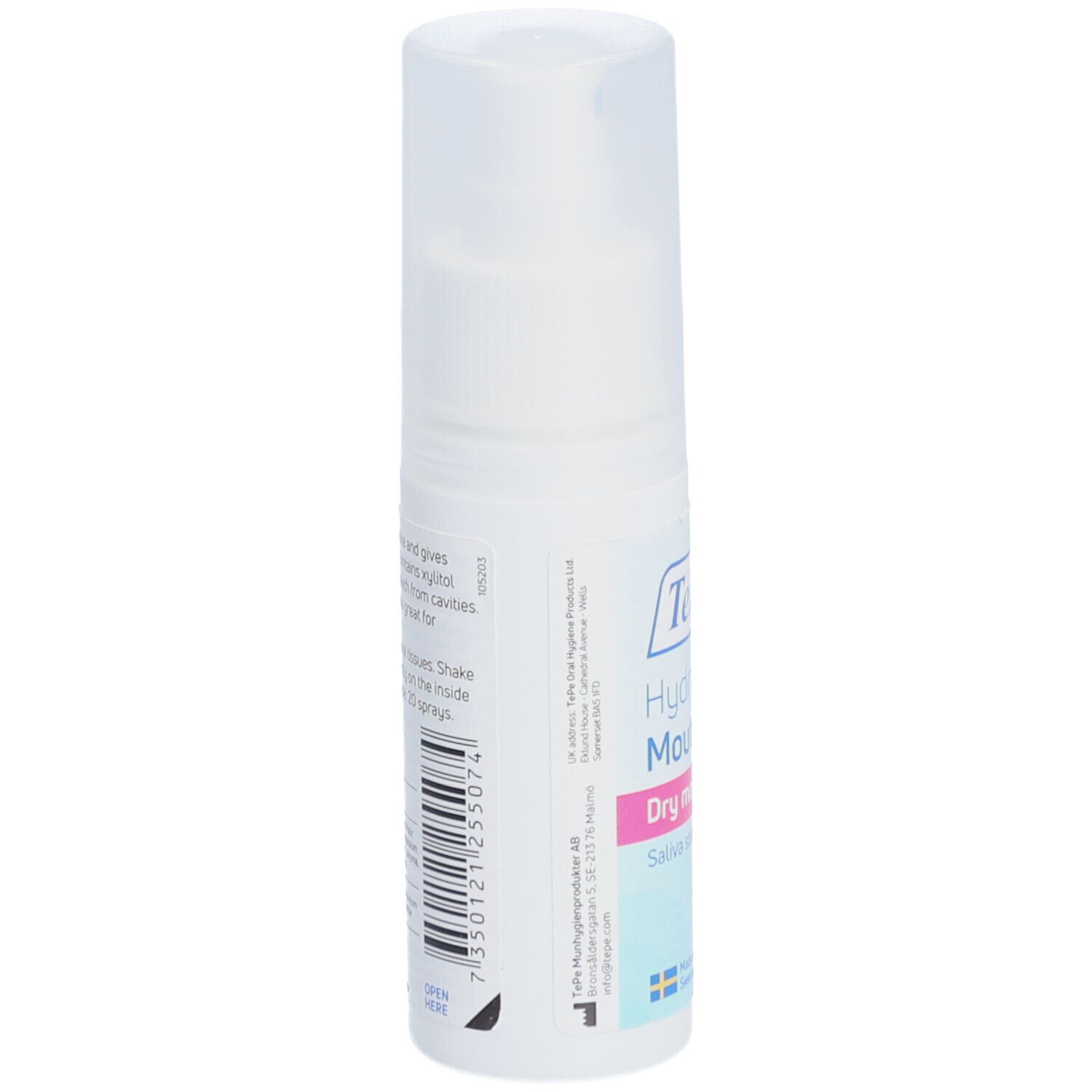 Weißer Mundspray, Rückseite mit Text und Barcode. "TePe" und Produktinformationen sind sichtbar. Hergestellt in Schweden.
