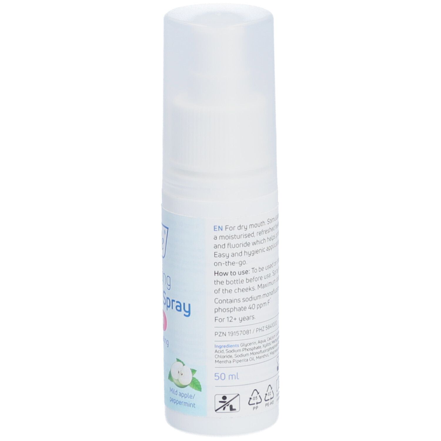 Weißer Mundspray, Rückseite mit Text. "TePe Hydrating Mouth Spray" und Inhaltsstoffe sind sichtbar. 50 ml.