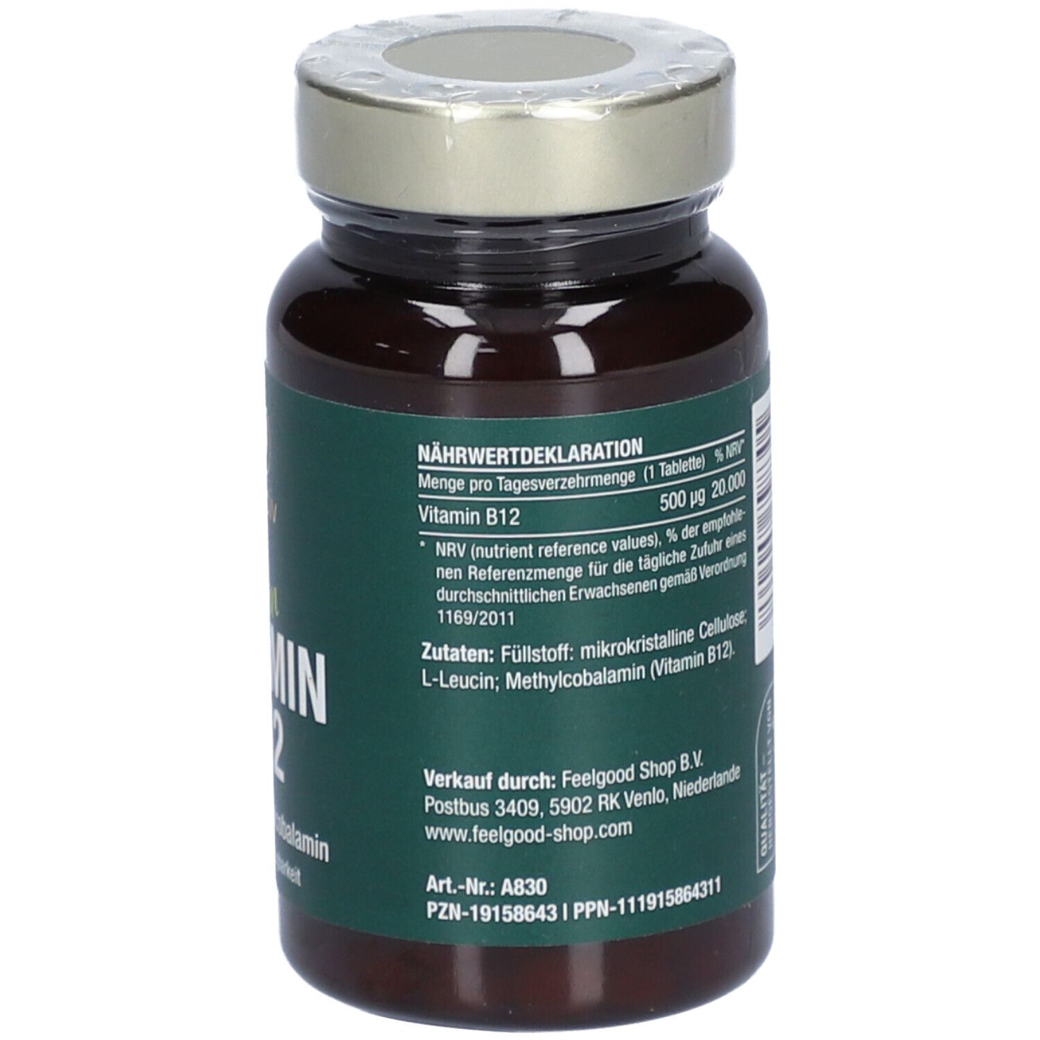 Rückseite der Flasche. Text: Nährwertdeklaration. 22g/100 Tabletten. Verkauft durch Feelgood Shop.