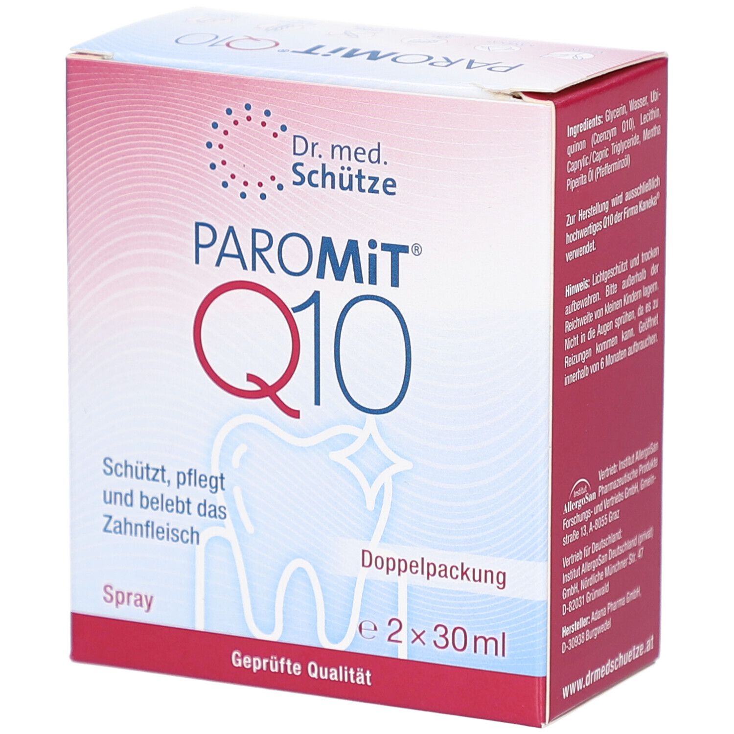 Karton mit PAROMiT Q10. Doppelpackung, 2x30ml. Aufschrift: Schützt, pflegt und belebt das Zahnfleisch. Logo: Zahn mit Stern.