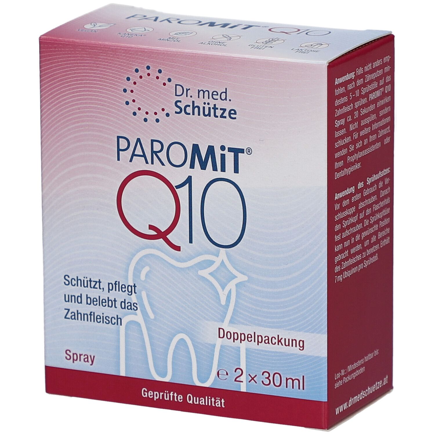 Karton von PAROMiT Q10. Aufschrift: Anwendung, Inhaltsstoffe. Logo: Zahn mit Stern. Doppelpackung, 2x30ml. Geprüfte Qualität.