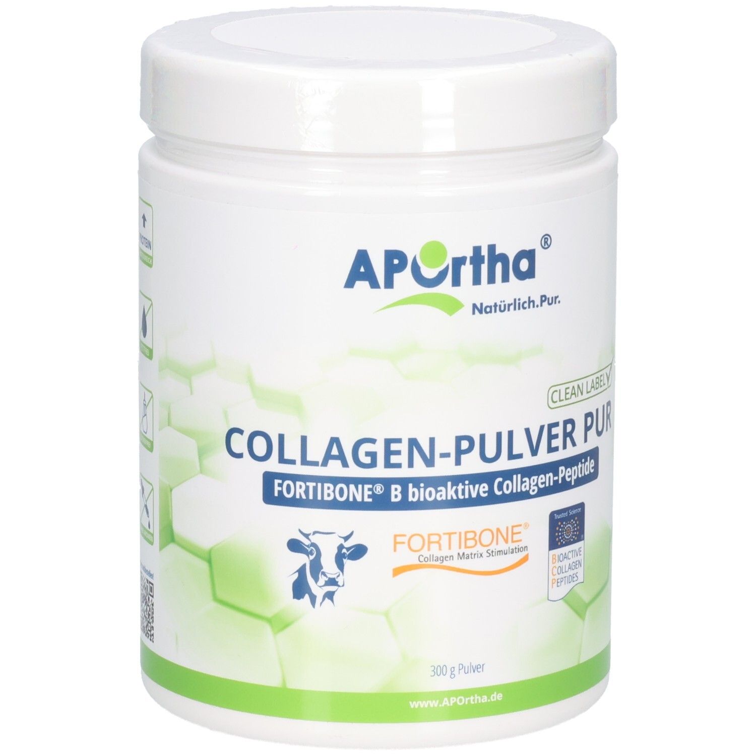 APOrtha® FORTIBONE® B Collagen-Pulver PUR: Weißer Behälter mit blauem und grünem Etikett. 300g Pulver.