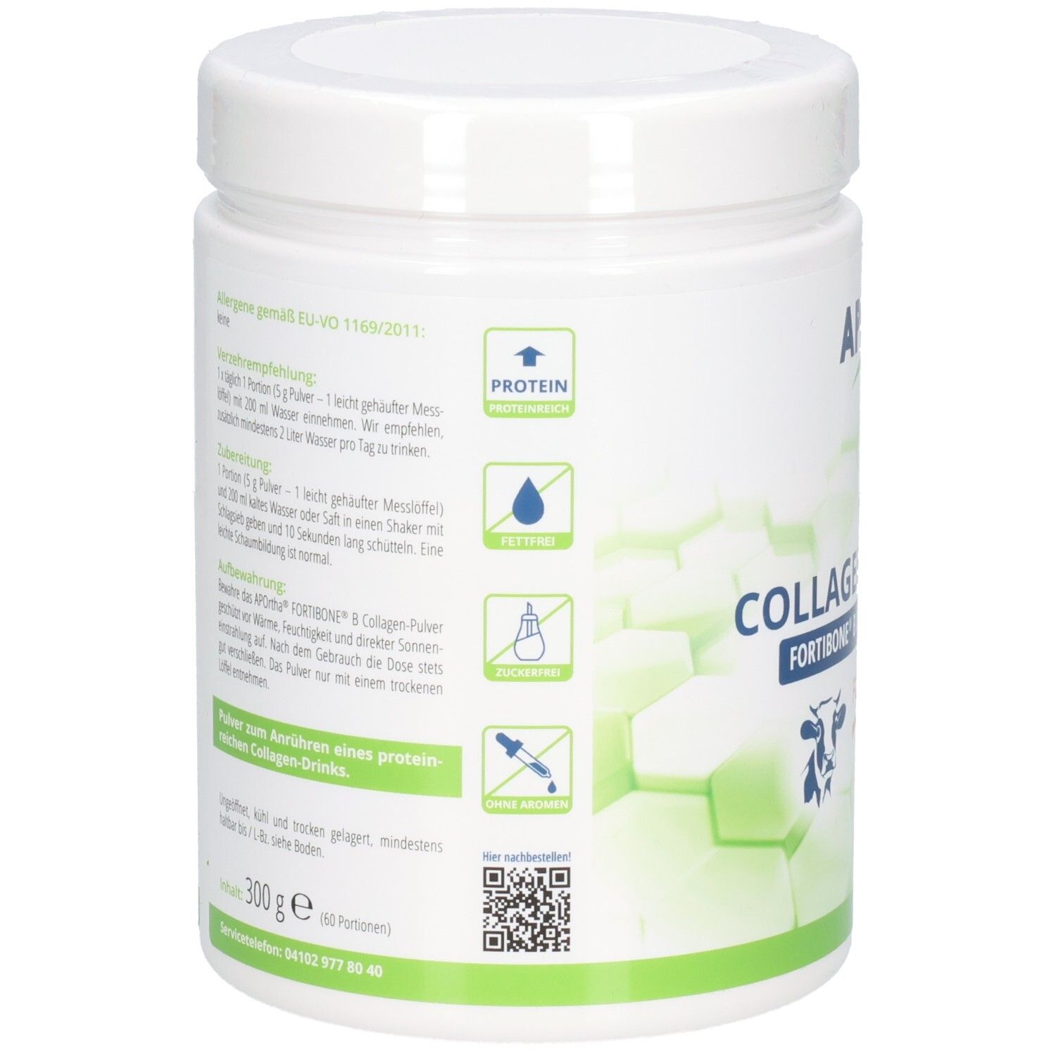 Rückseite des APOrtha® FORTIBONE® B Collagen-Pulver Behälters mit Nährwertangaben und Anwendungshinweisen.