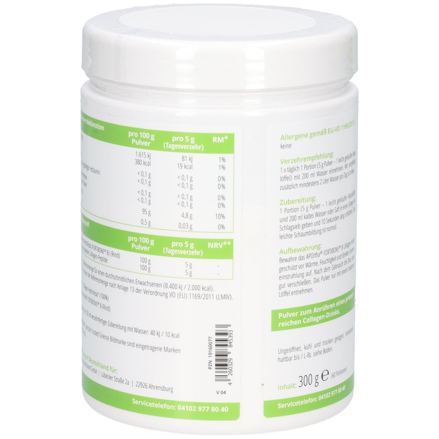 Detailansicht der Nährwertangaben auf der Rückseite des APOrtha® FORTIBONE® B Collagen-Pulver Behälters.