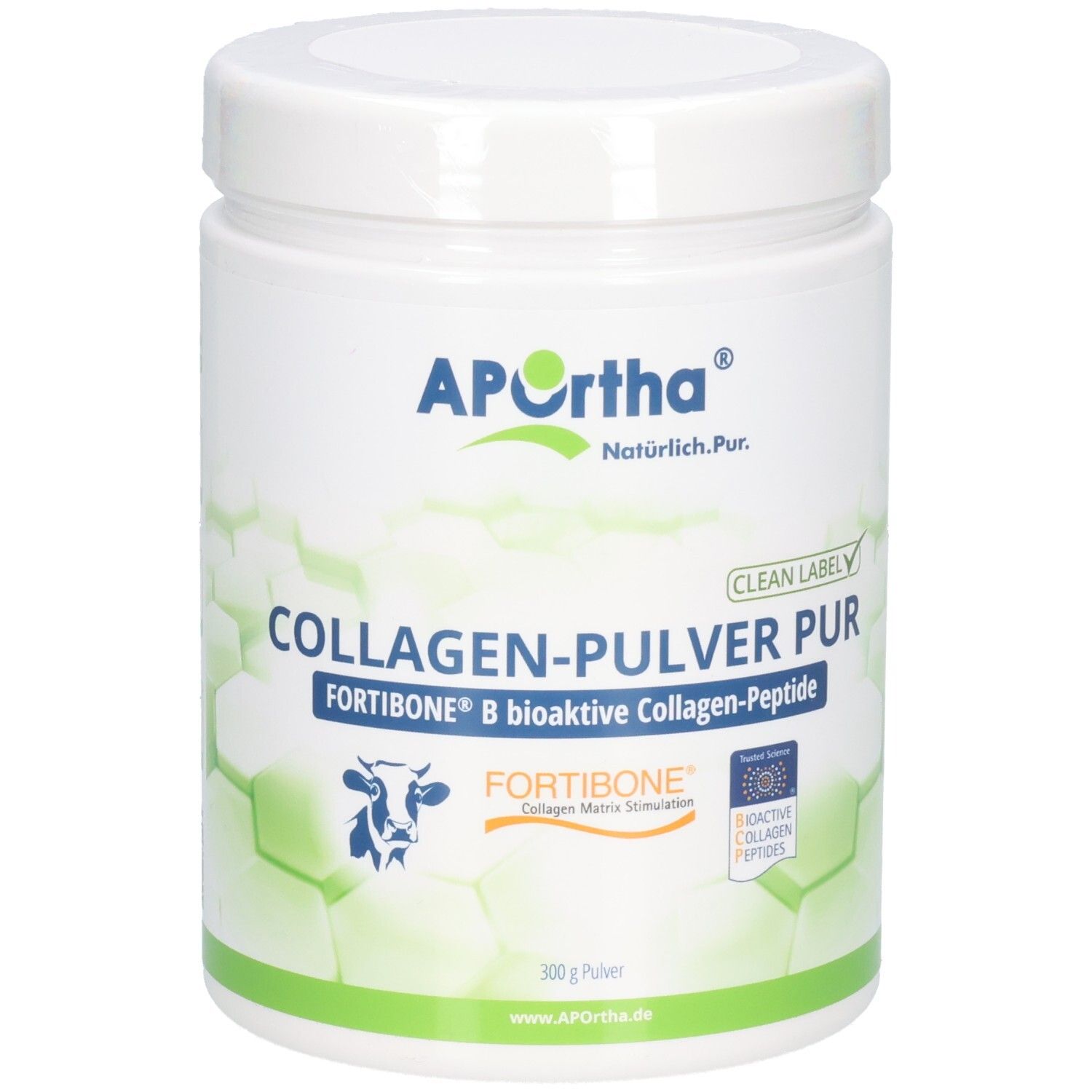 APOrtha® FORTIBONE® B Collagen-Pulver PUR: Weißer Behälter mit blauem und grünem Etikett. 300g Pulver.