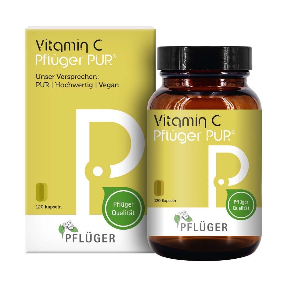 Vitamin C Pflüger® PUR. Braune Glasflasche und Schachtel. 120 Kapseln. Pflüger Qualität.