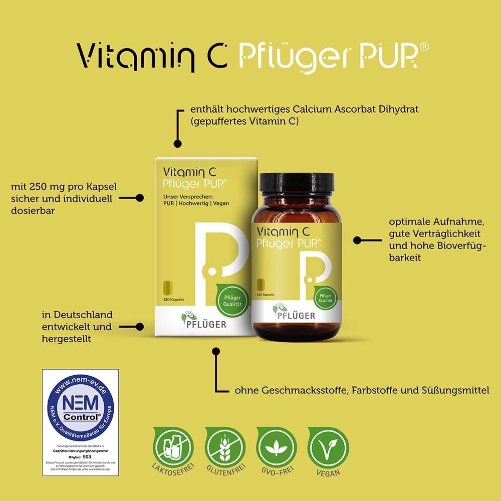 Vitamin C Pflüger® PUR. Produktabbildung mit Text. Enthält Calcium Ascorbat Dihydrat. NEM Control Siegel.
