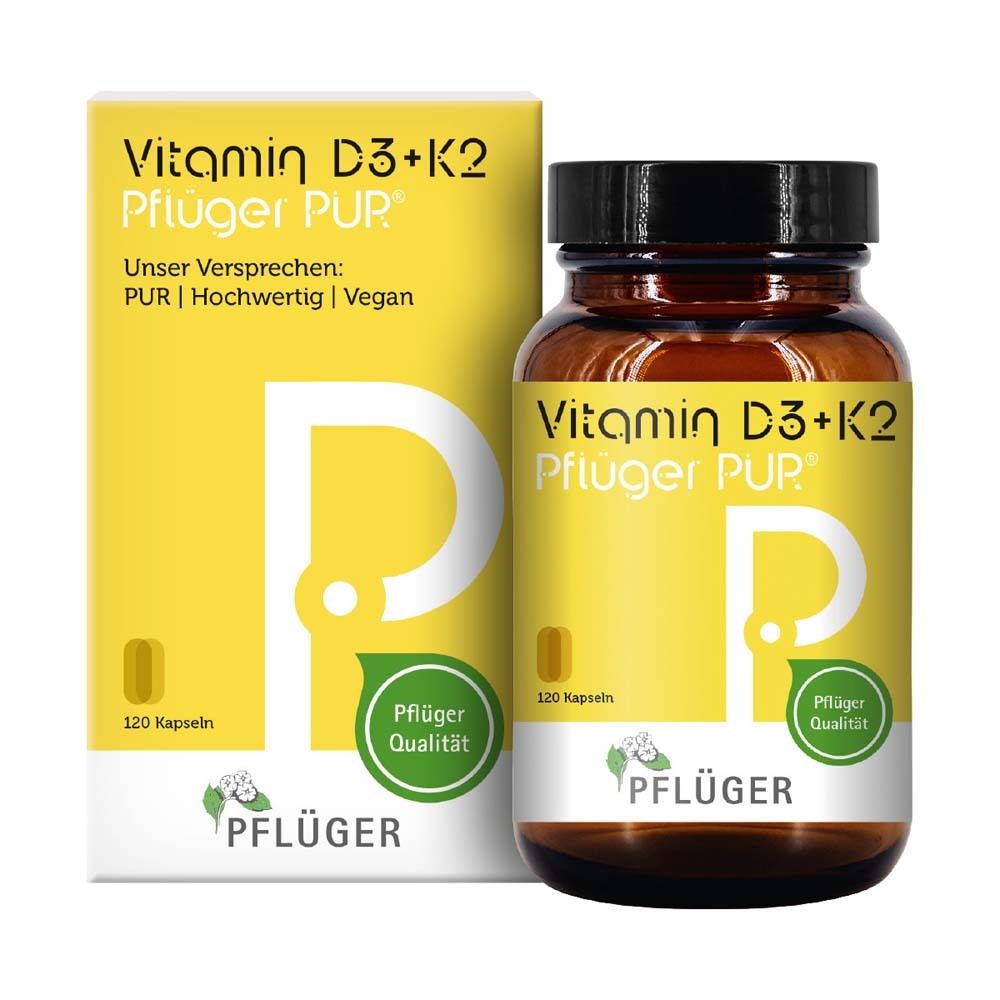 Braune Glasflasche und gelbe Schachtel mit Vitamin D3+K2 Pflüger PUR. 120 Kapseln. Pflüger Qualität.
