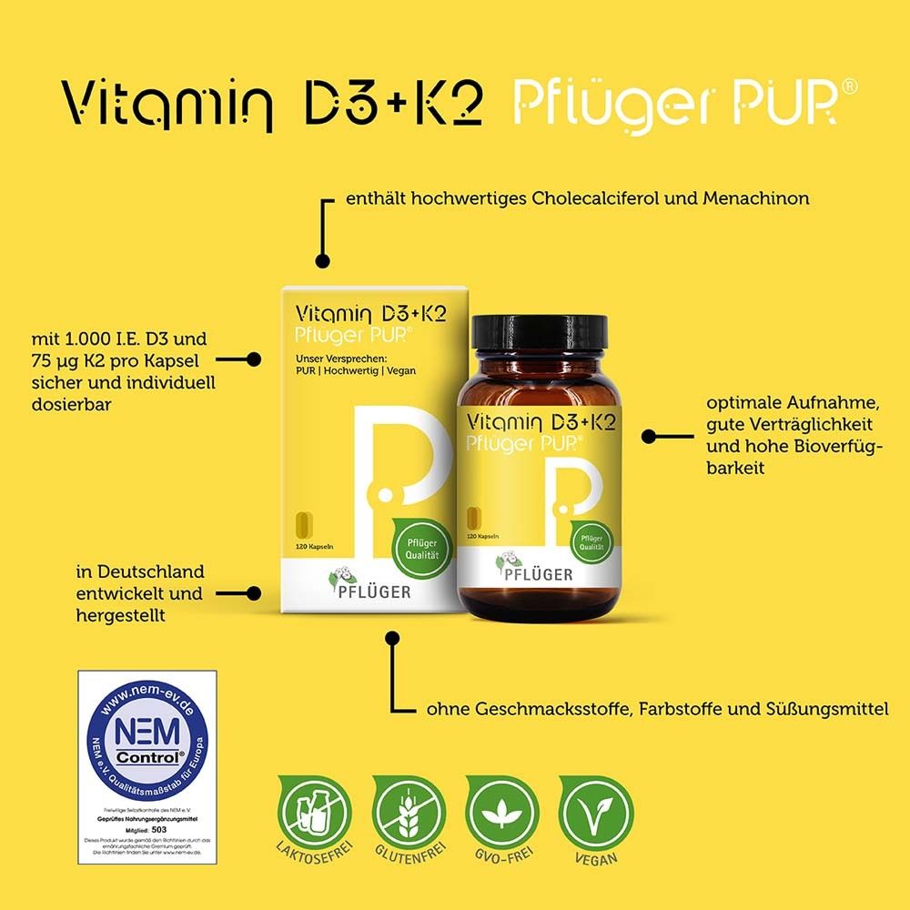 Vitamin D3+K2 Pflüger PUR. Flasche und Schachtel. Text: Hochwertig, Vegan, ohne Zusatzstoffe. NEM Control Siegel.