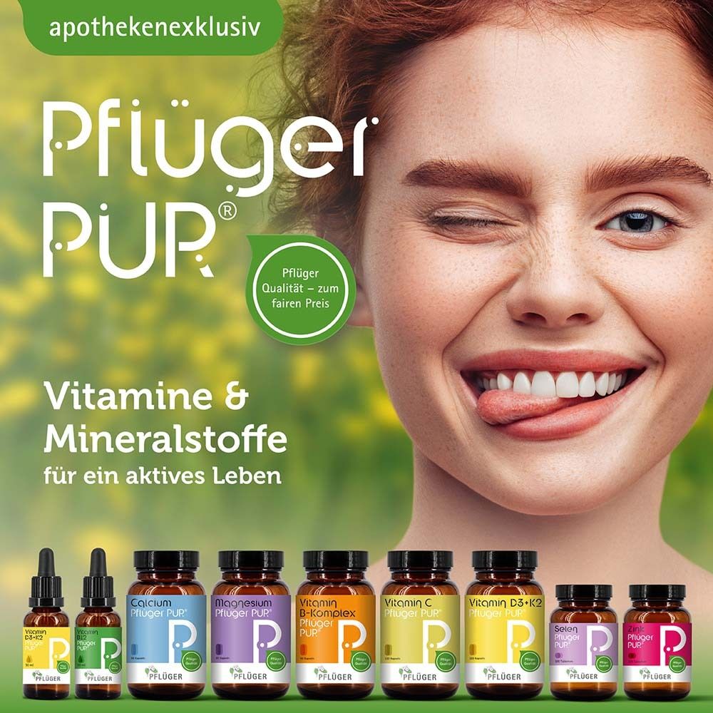 Frau lächelt. Reihe von Vitamin-Produkten. Pflüger PUR. Text: Vitamine & Mineralstoffe für ein aktives Leben.