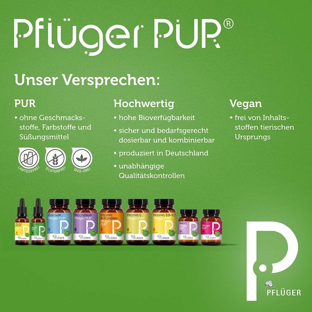 Verschiedene Vitamin-Produkte. Pflüger PUR. Text: PUR, Hochwertig, Vegan. Ohne Zusatzstoffe, hohe Bioverfügbarkeit.