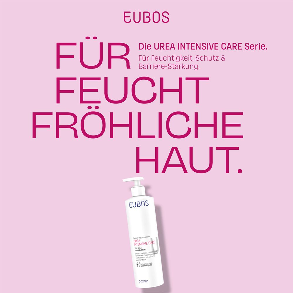 Rosa Hintergrund mit Text: Für feucht-fröhliche Haut. EUBOS-Produkt mit Dosierpumpe.