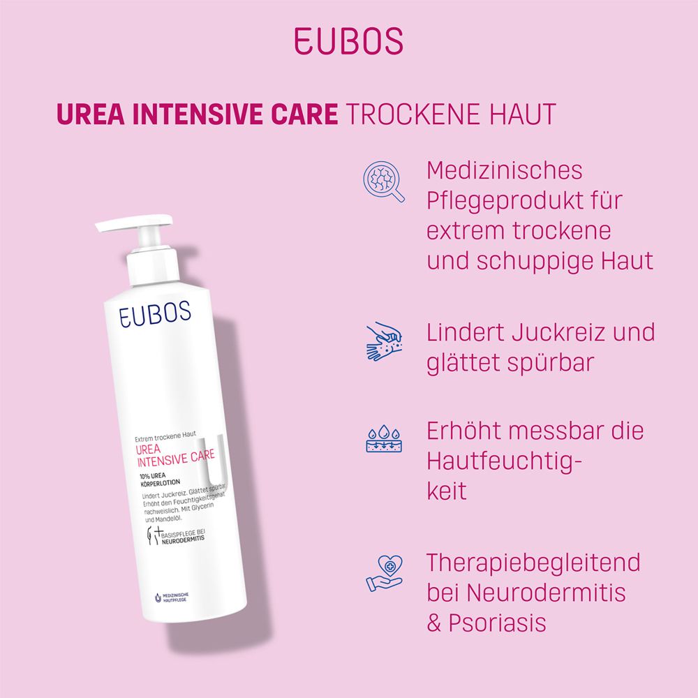 Rosa Hintergrund mit Produkt und Text. EUBOS Urea Intensive Care. Medizinische Pflege für trockene Haut.