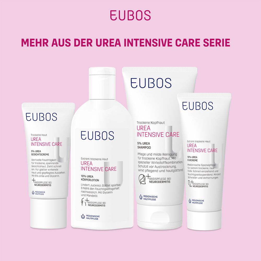 Rosa Hintergrund mit Produktreihe. EUBOS Urea Intensive Care. Produkte für trockene Haut.