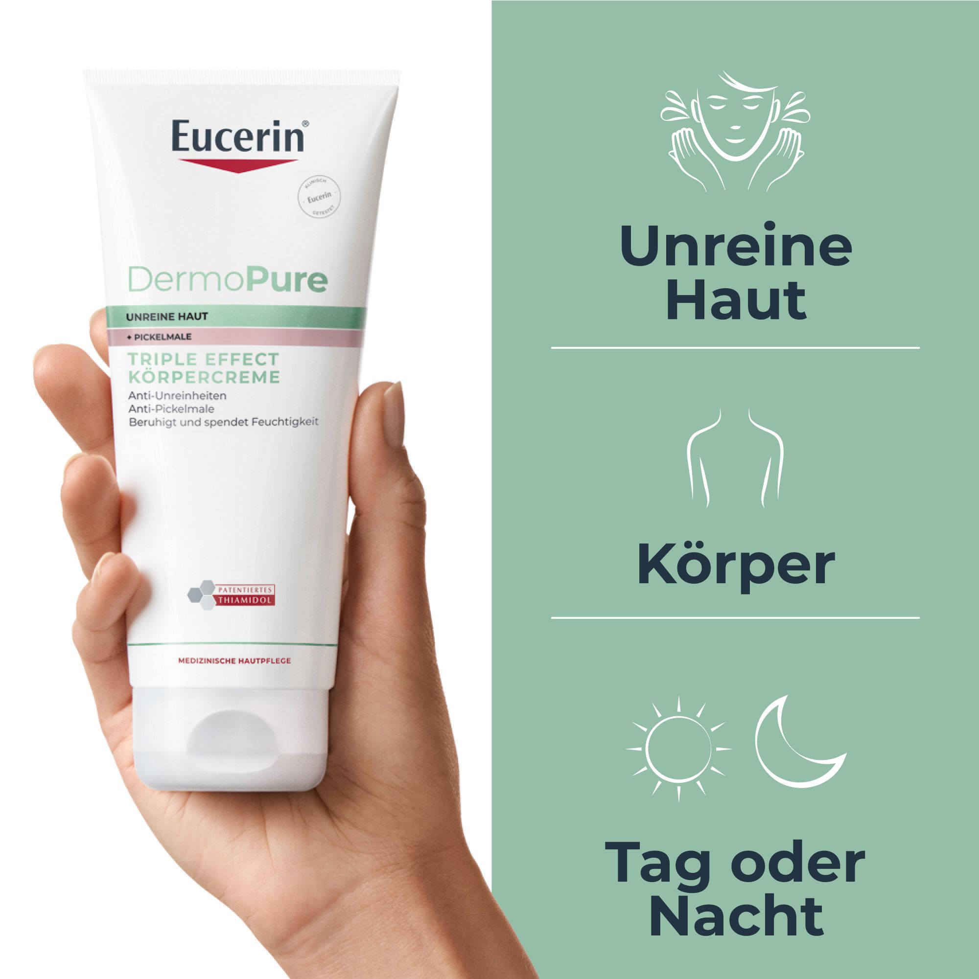 Eucerin DermoPure Triple Effect Körpercreme – beruhigende Hautcreme zur Akne Behandlung – reduziert Pickelmale am Körper