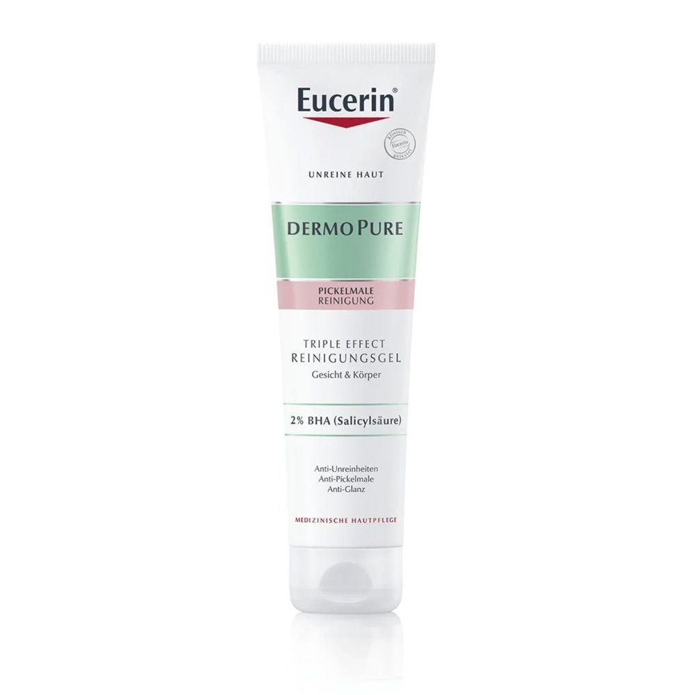 Eucerin Waschgel-Tube. Weiß, mit grünen, rosa und weißen Bereichen. Text: DermoPure, Triple Effect Reinigungsgel, 2% BHA.