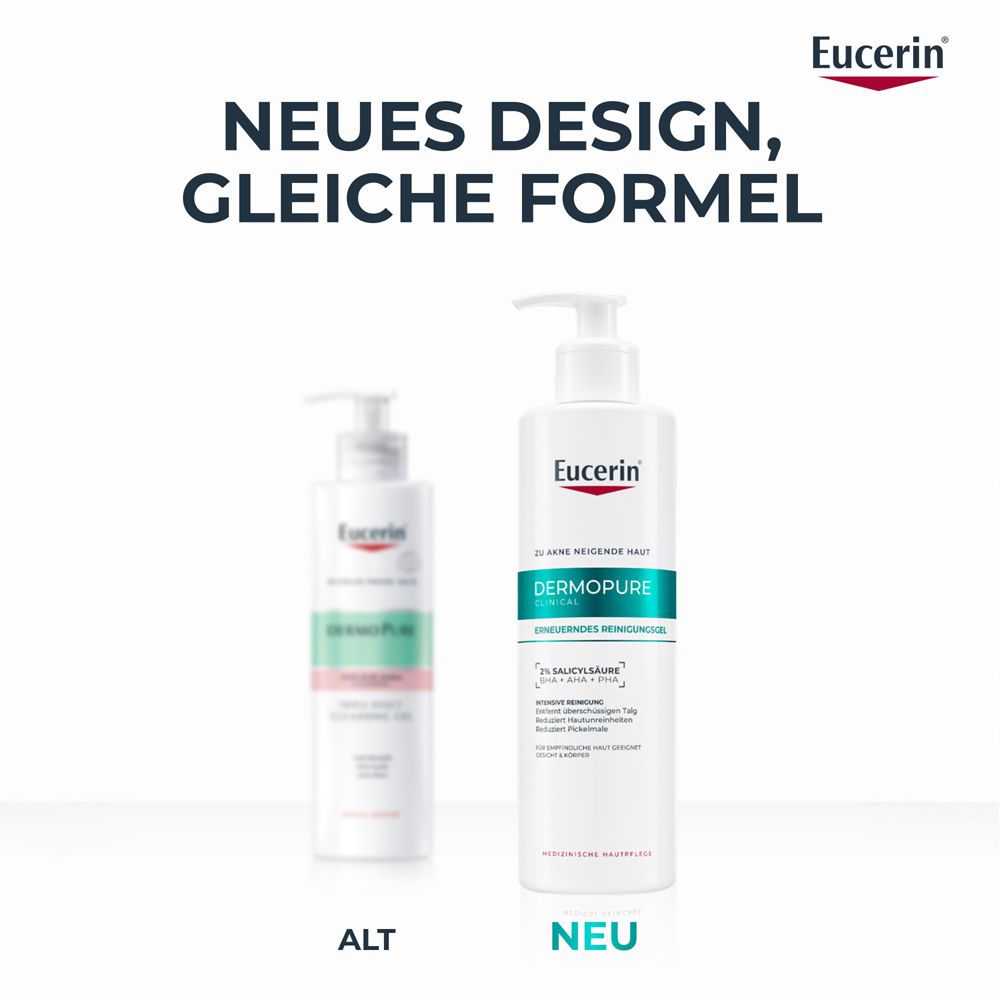 Vergleich von Eucerin DermoPure Waschgel. Links: alte Tube. Rechts: neue Flasche mit Pumpe. Text: Neues Design, gleiche Formel.