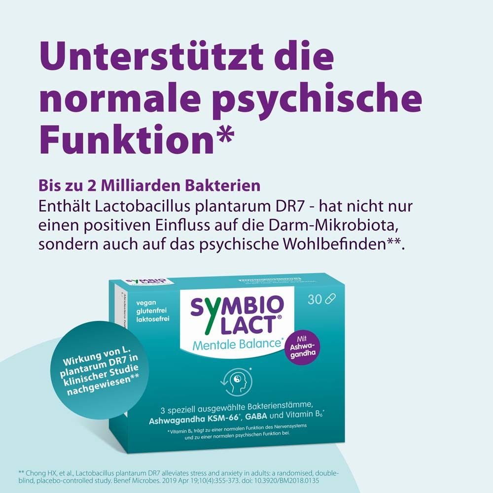 Text: Unterstützt die normale psychische Funktion. Box mit SymbioLact Mentale Balance. 30 Kapseln. Vegan, glutenfrei, laktosefrei.