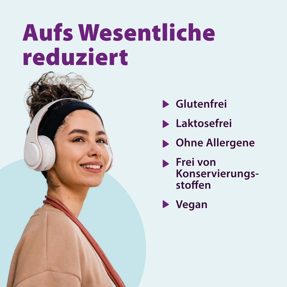 Frau mit Kopfhörern. Text: Aufs Wesentliche reduziert. Glutenfrei, laktosefrei, ohne Allergene, frei von Konservierungsstoffen, vegan.