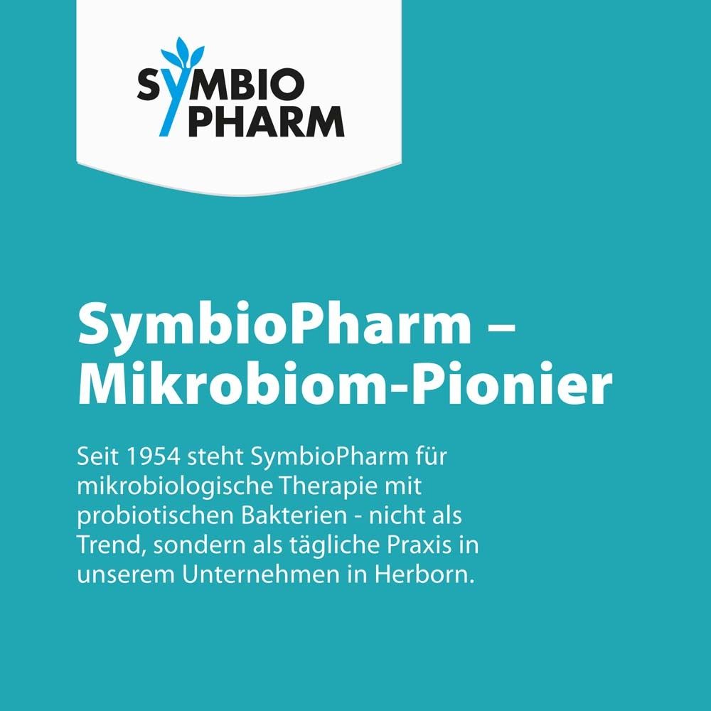 Logo SymbioPharm. Text: SymbioPharm - Mikrobiom-Pionier. Seit 1954 steht SymbioPharm für mikrobiologische Therapie.