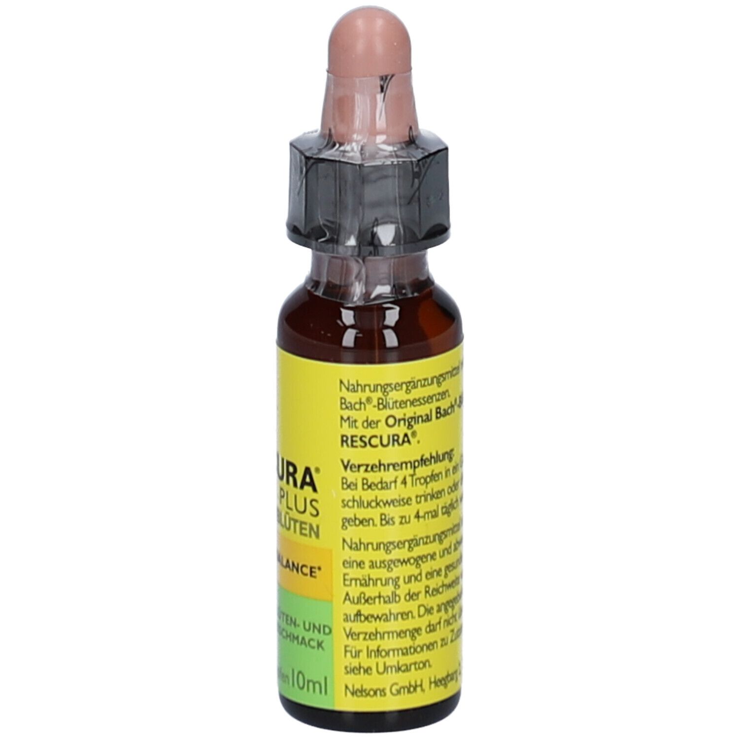 Braune Glasflasche mit Tropfer. Gelbes Etikett mit Text. Produktname nicht sichtbar. Tropfenflasche.