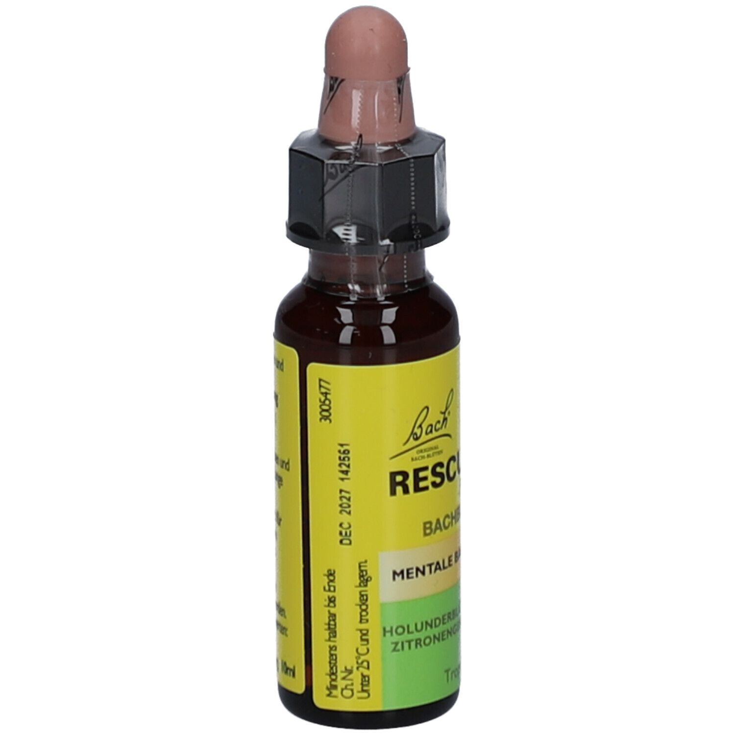 Braune Glasflasche mit Tropfer. Gelbes Etikett mit Text. Produktname nicht sichtbar. Tropfenflasche.