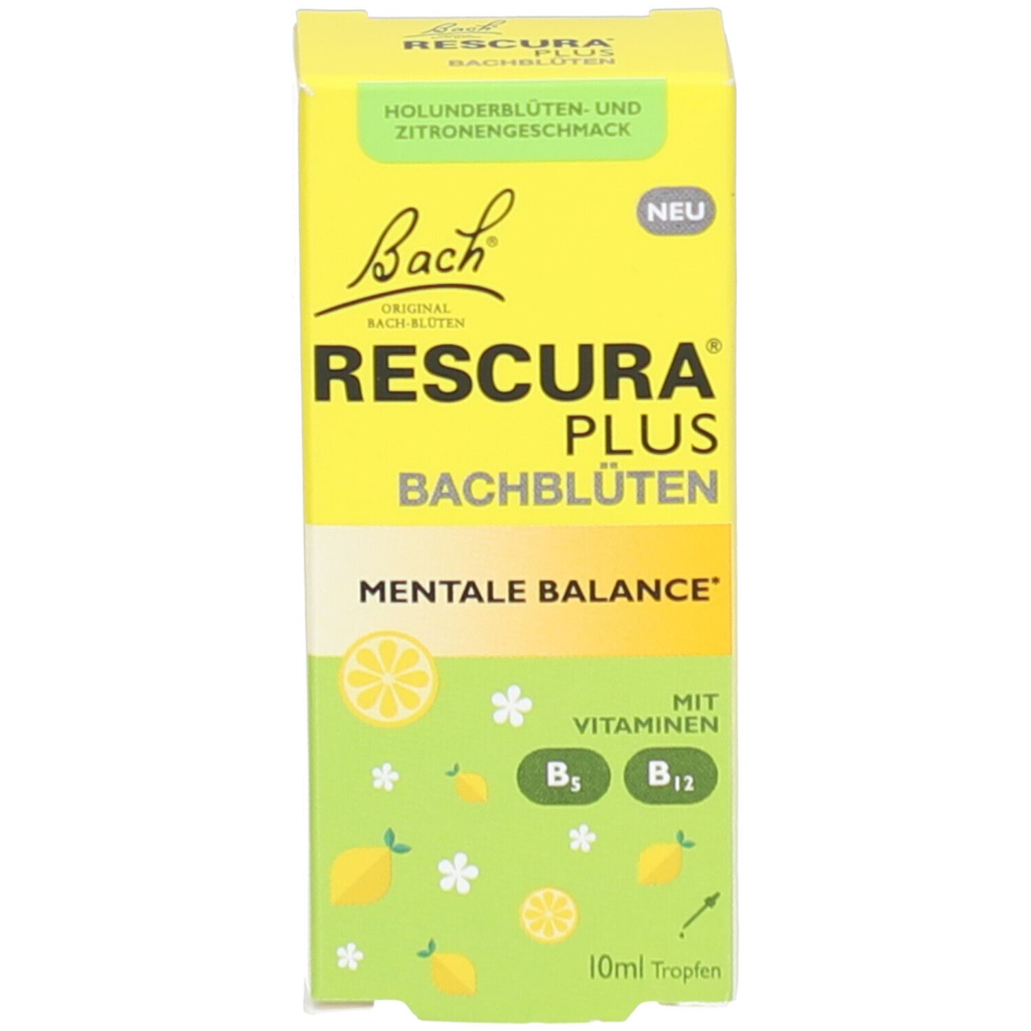 Gelbe Produktverpackung. Produktname und Logo auf der Vorderseite. Mit Illustrationen und Text.