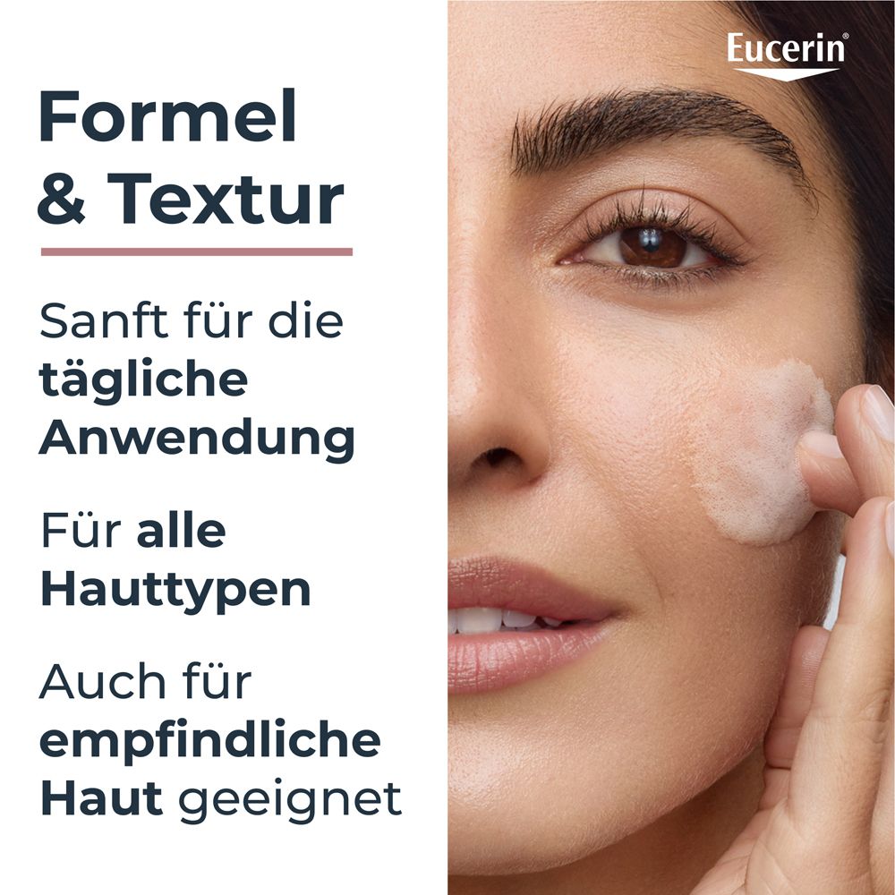 Frau mit Haut. Text: Sanft für die tägliche Anwendung, für alle Hauttypen, auch für empfindliche Haut geeignet.
