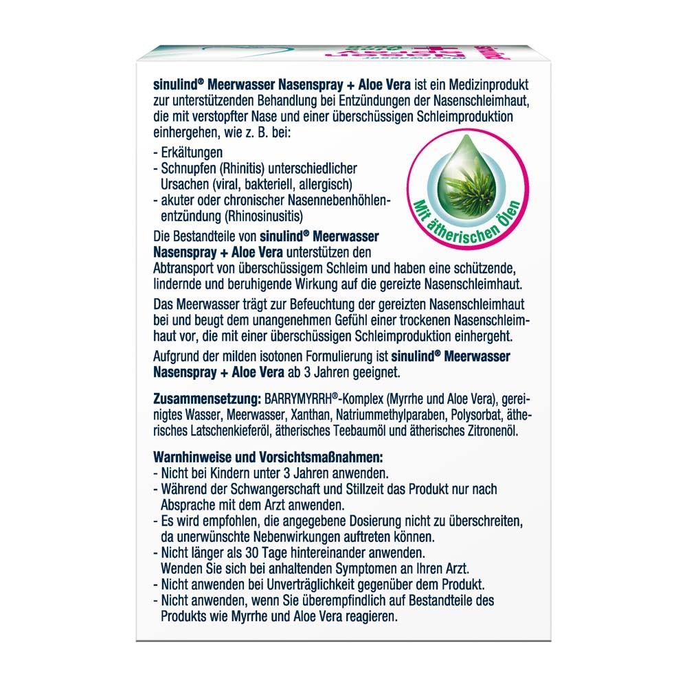 Rückseite der Nasenspray-Verpackung. Text mit Inhaltsstoffen, Anwendungshinweisen und Warnhinweisen.