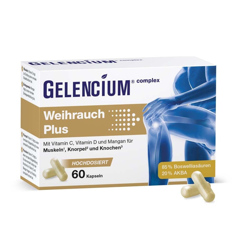 Schachtel mit GELENCIUM® Weihrauch Plus. Kapseln liegen daneben. Text: Weihrauch Plus, 60 Kapseln, hochdosiert.