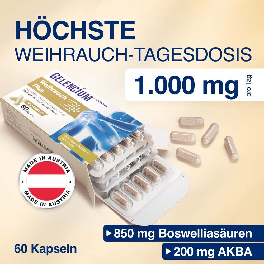 Packung GELENCIUM® Weihrauch Plus, geöffnet. Blister mit Kapseln. Text: 1.000 mg pro Tag, 60 Kapseln, Made in Austria.