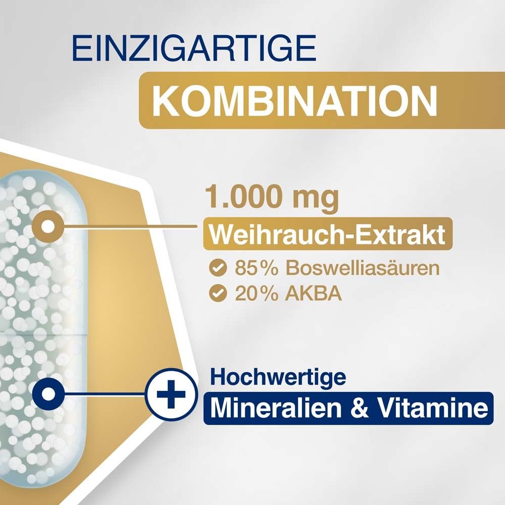 Kapsel mit Inhaltsstoffen. Text: 1.000 mg Weihrauch-Extrakt, 85% Boswelliasäuren, 20% AKBA, Mineralien & Vitamine.
