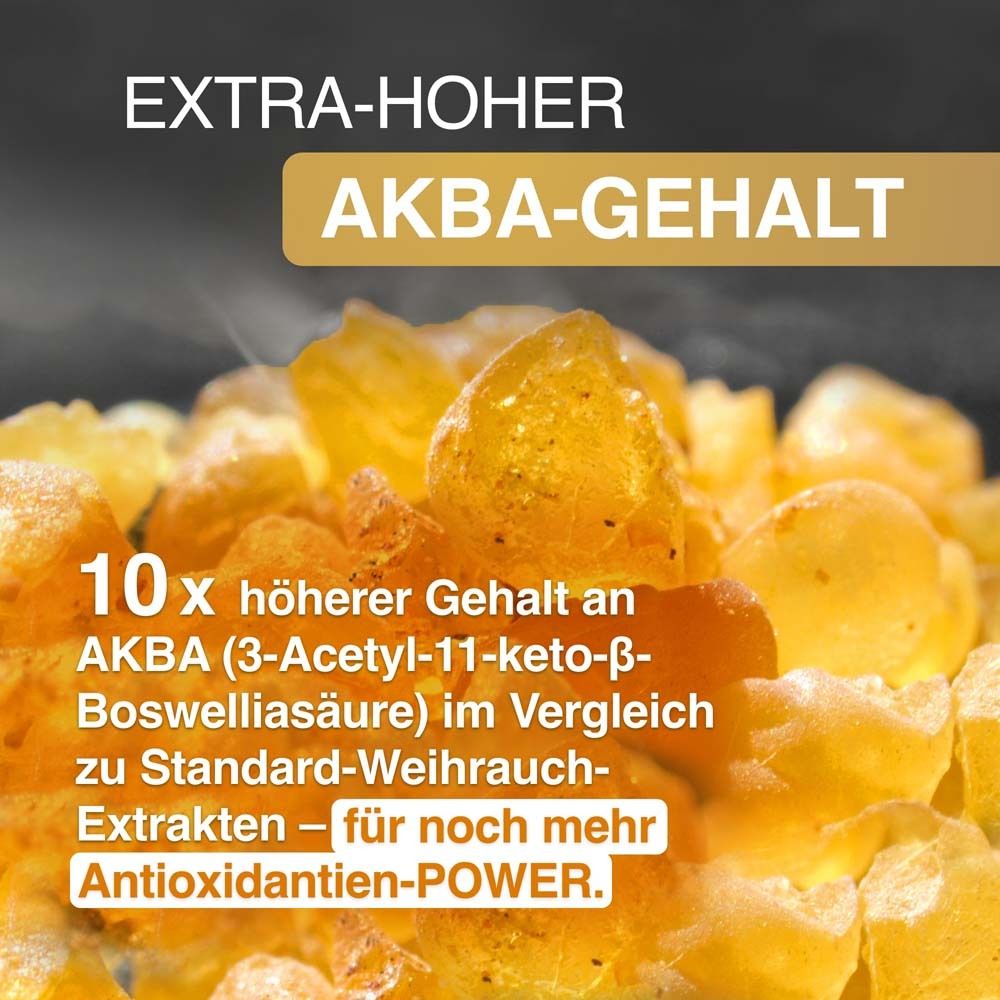 Nahaufnahme von Harz. Text: 10x höherer Gehalt an AKBA im Vergleich zu Standard-Weihrauch-Extrakten.