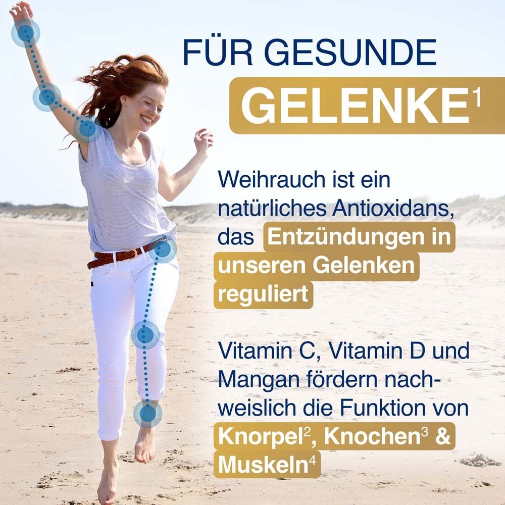 Frau rennt am Strand. Text: Für gesunde Gelenke. Vitamin C, D und Mangan fördern Knorpel, Knochen & Muskeln.