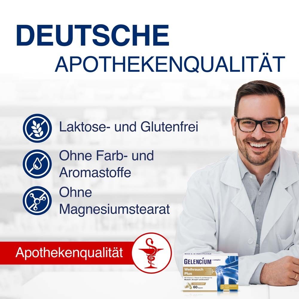 Arzt lächelt. Text: Deutsche Apothekenqualität. Laktose- und glutenfrei, ohne Farb- und Aromastoffe, ohne Magnesiumstearat.