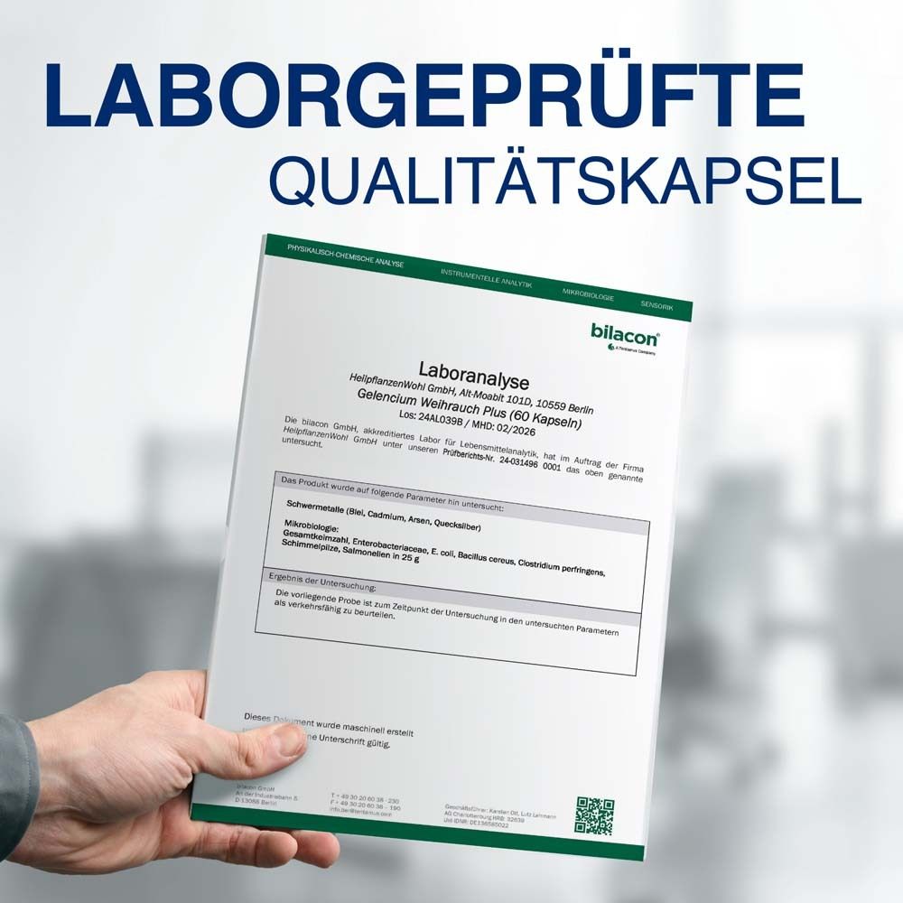 Hand hält Laboranalyse. Text: Laborgeprüfte Qualitätskapsel. Analyse von GELENCIUM® Weihrauch Plus (60 Kapseln).