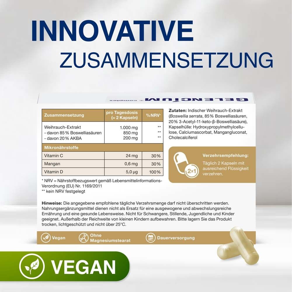 Zutatenliste und Verzehrempfehlung. Text: 2 Kapseln täglich mit ausreichend Flüssigkeit. Vegan, ohne Magnesiumstearat.