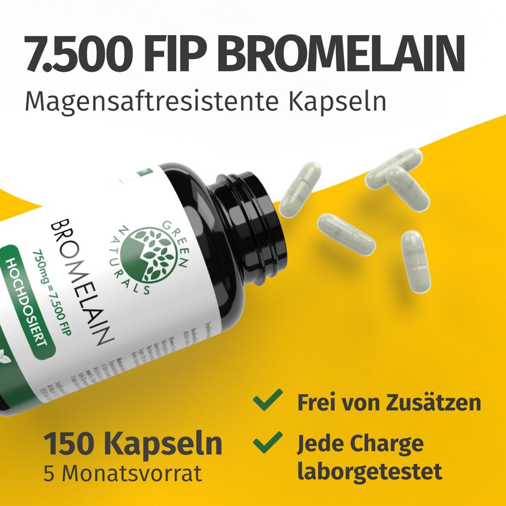Bromelain-Kapseln und Flasche. Text: 7.500 FIP Bromelain, magensaftresistente Kapseln. 150 Kapseln, 5 Monatsvorrat.