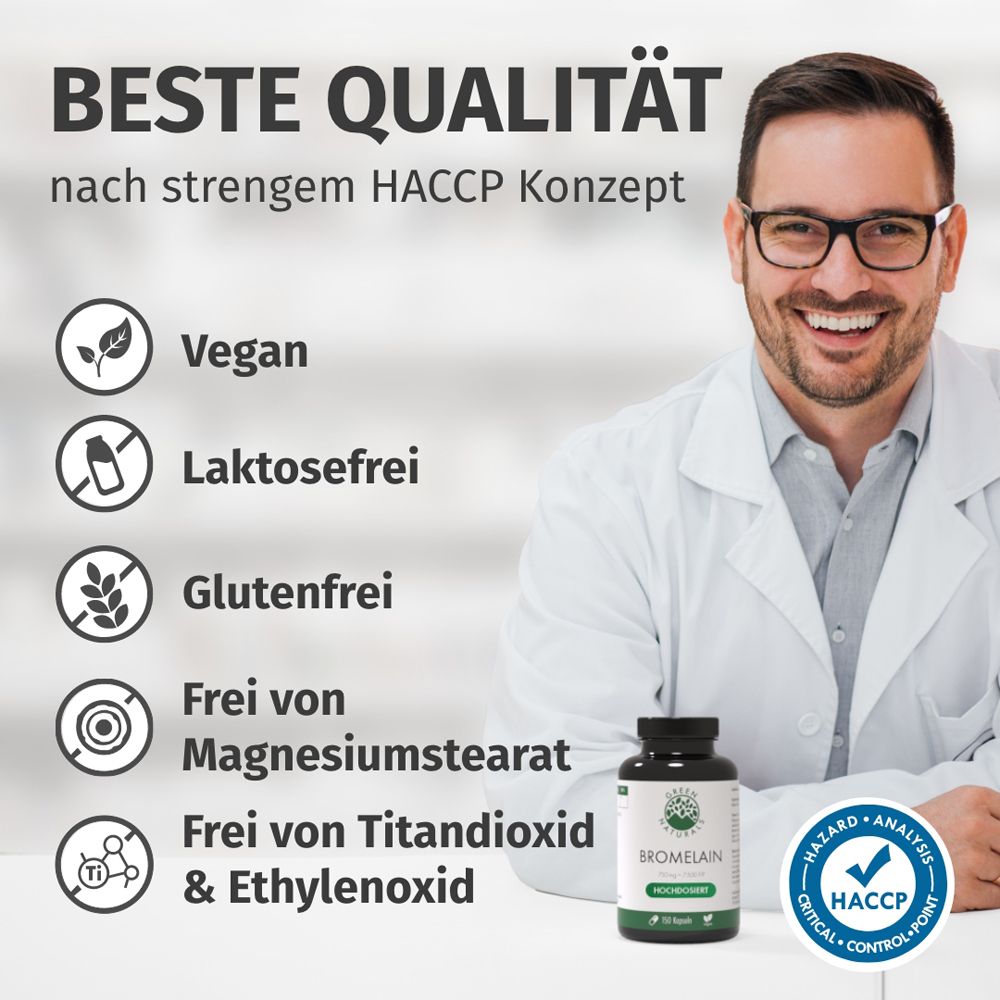 Mann mit Brille und Flasche. Text: Beste Qualität. Vegan, laktosefrei, glutenfrei. Frei von Magnesiumstearat.