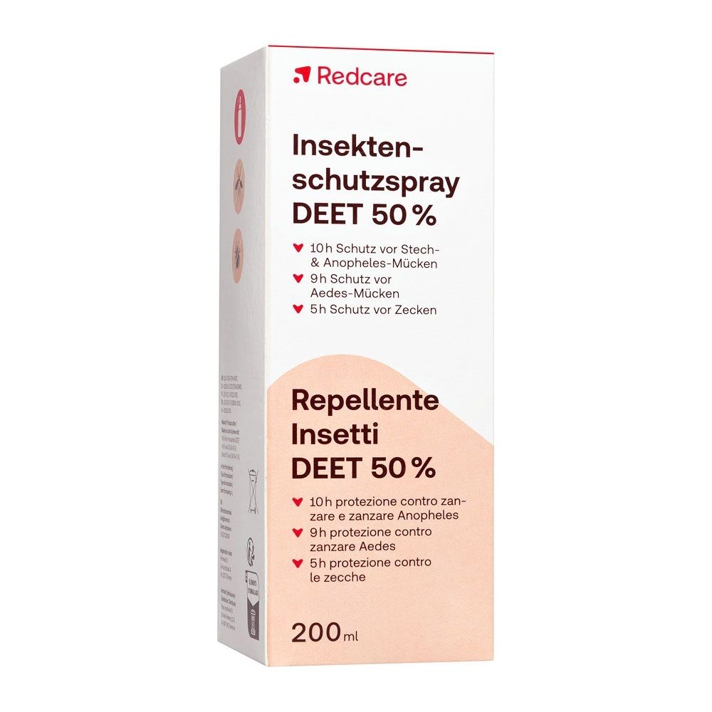 Redcare Insektenschutzspray DEET 50% Faltschachtel mit Produktinformationen.