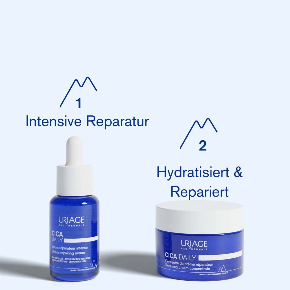 Zwei Produkte: Serum und Creme. Text: Intensive Reparatur, Hydratisiert & Repariert. Uriage Cica Daily.