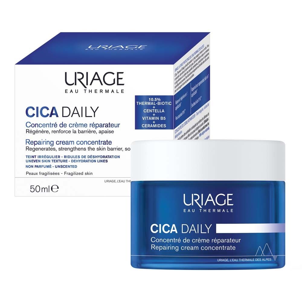 Produktverpackung und Tiegel. Text: Uriage Cica Daily. 50ml. Regeneriert, stärkt die Hautbarriere.